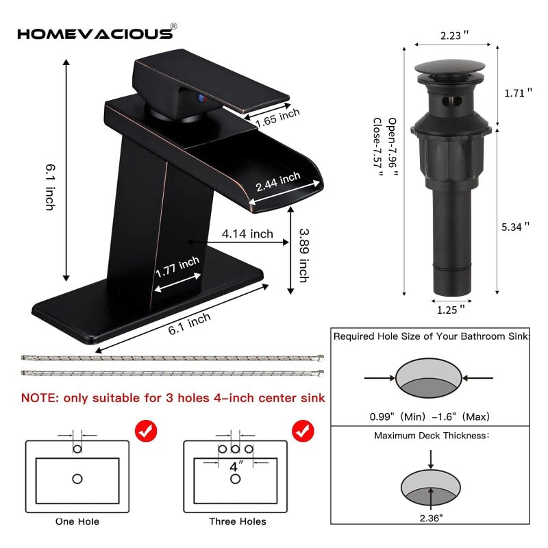 Homevacious Black Bathroom Faucet Waterfall Single Hole Bathroom Faucet with Pop Up Drain Assembly and Deck Plate Modern Single Handle Vanity Faucets Basin Lavatory RV Mixer Tap Commercial - Image 5